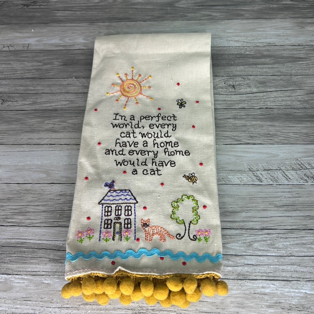 Natural Life Tea Dish Towel Embroidered Boho Cat Lover Gift